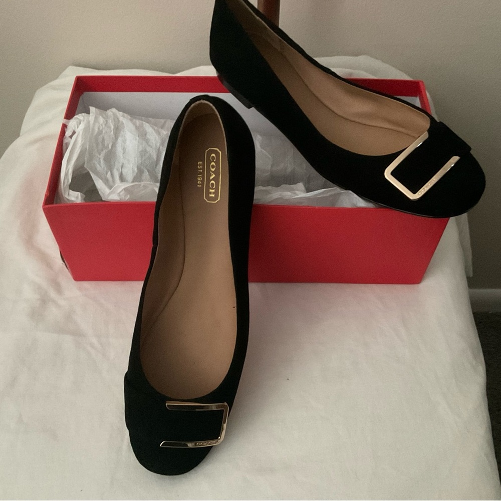Coach Black Suede Ballet Flats with Gold Buckle